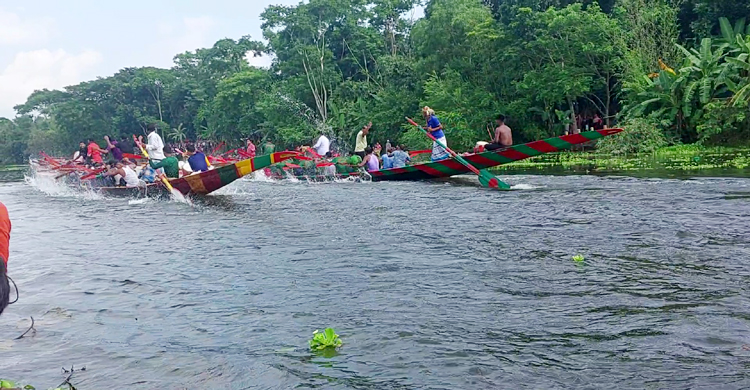 শরীয়তপুরে কীর্তিনাশার বুকে নৌকাবাইচ দেখতে মানুষের ভিড়