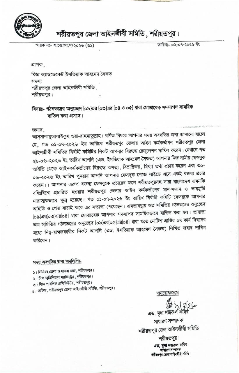 শরীয়তপুরে এক আইনজীবির সদস্য পদ বাতিল
